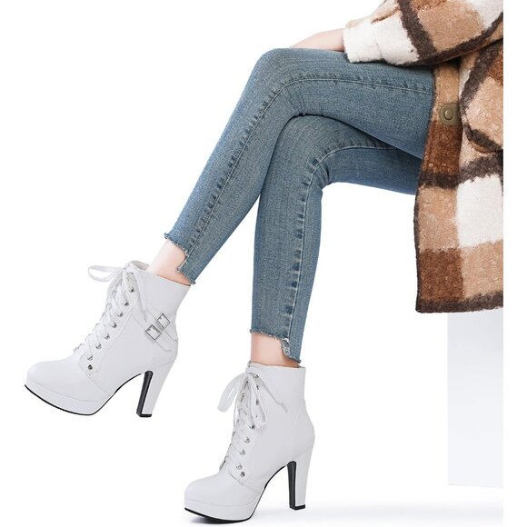 Women's White Susanny High Heel Platform for Sexy Lace Up Mid Calf Boots - Picture 3 of 9